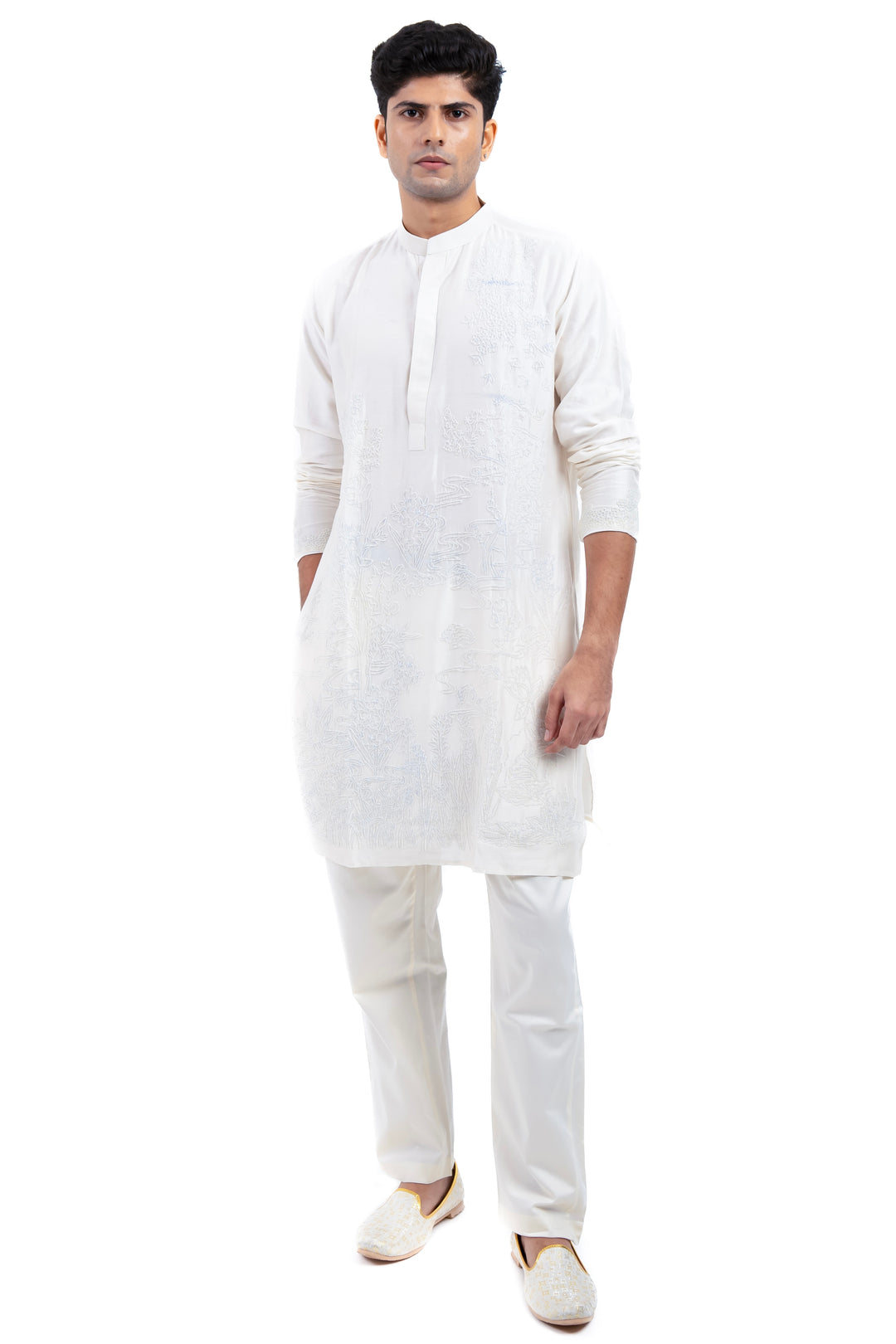 white beadwork kurta