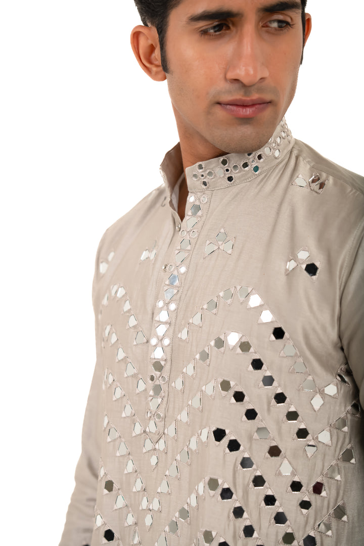 grey mirror work heavy kurta