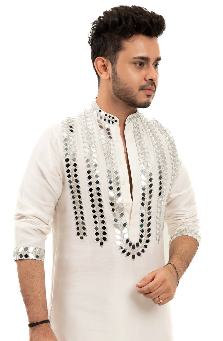 white mirror work kurta