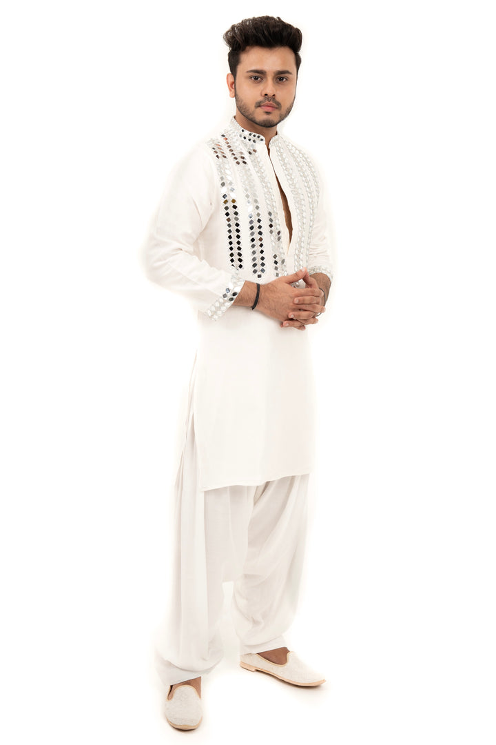 white mirror work kurta