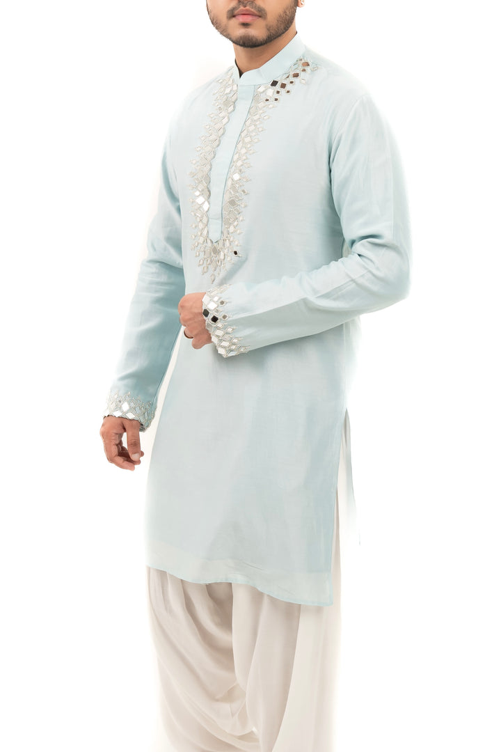 sky blue mirror work kurta