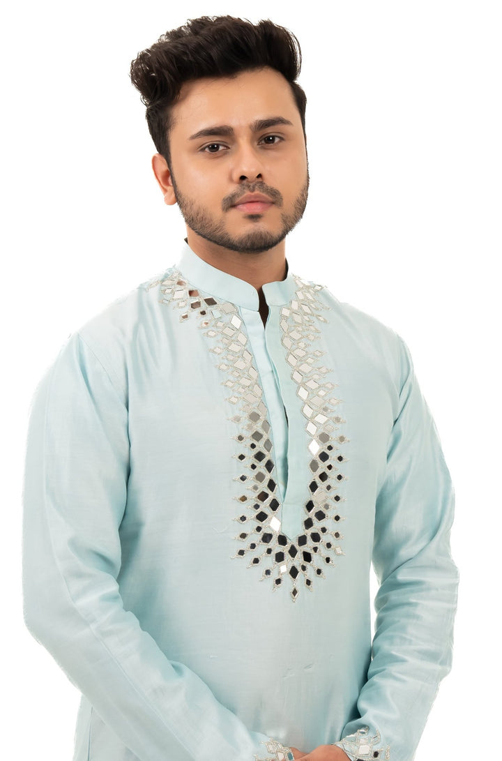 sky blue mirror work kurta