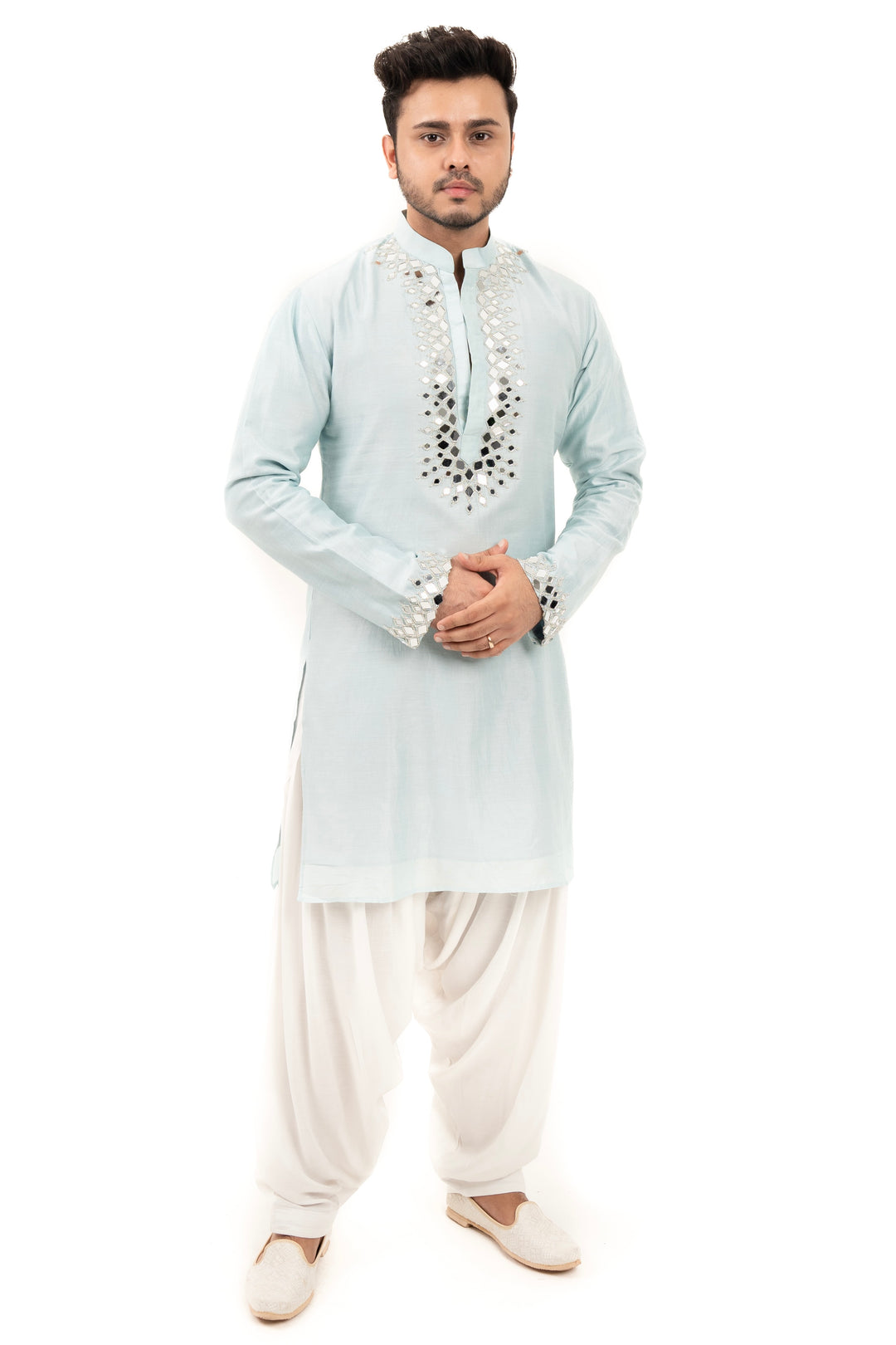 sky blue mirror work kurta