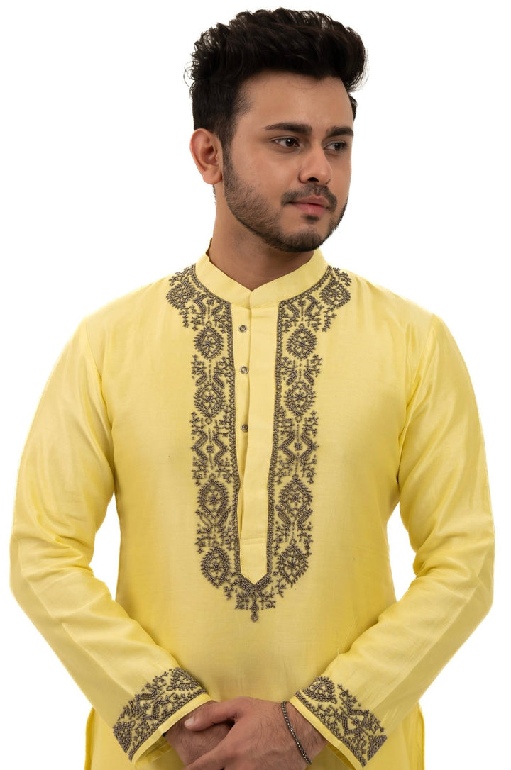 lemon yellow beadwork kurta