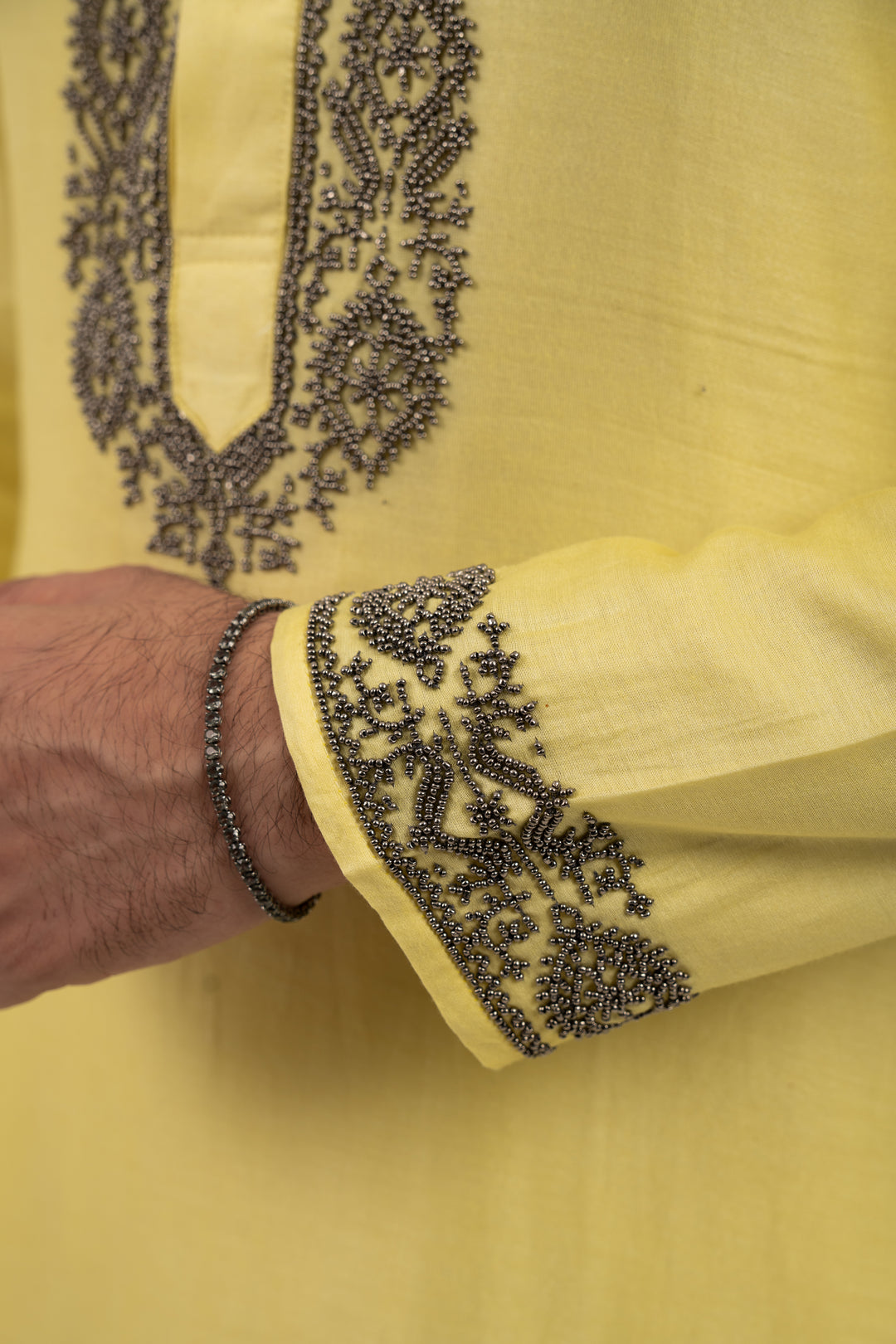 lemon yellow beadwork kurta