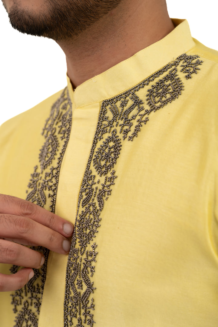 lemon yellow beadwork kurta