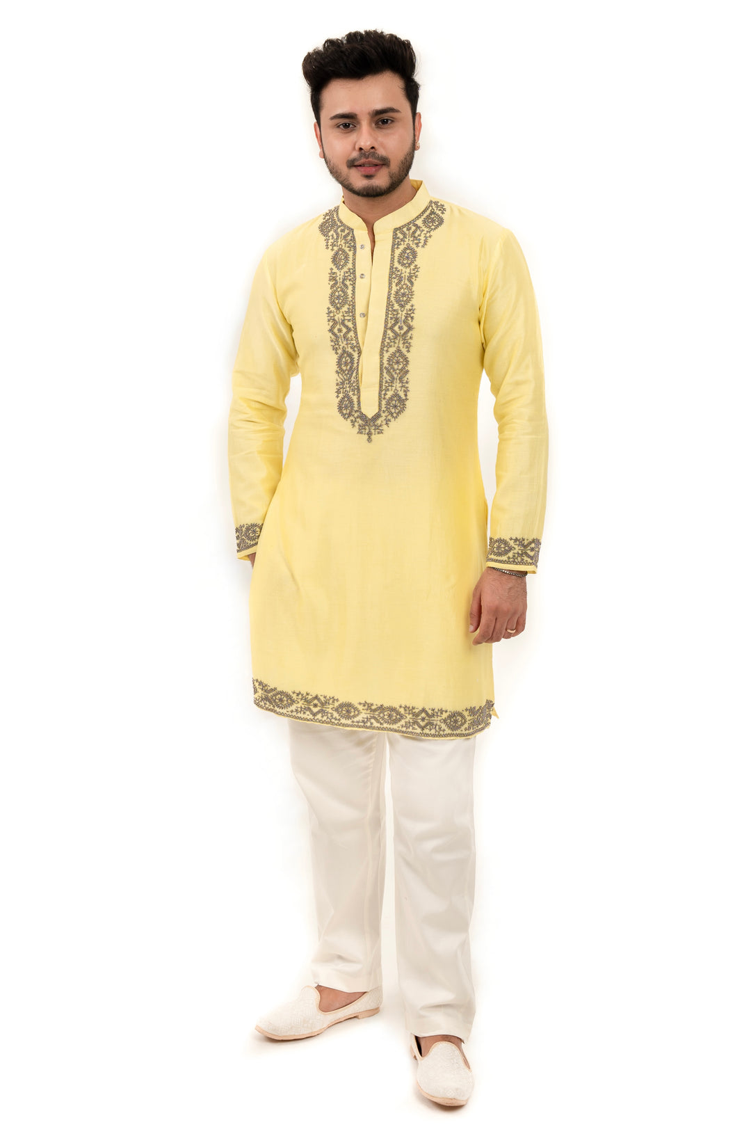 lemon yellow beadwork kurta