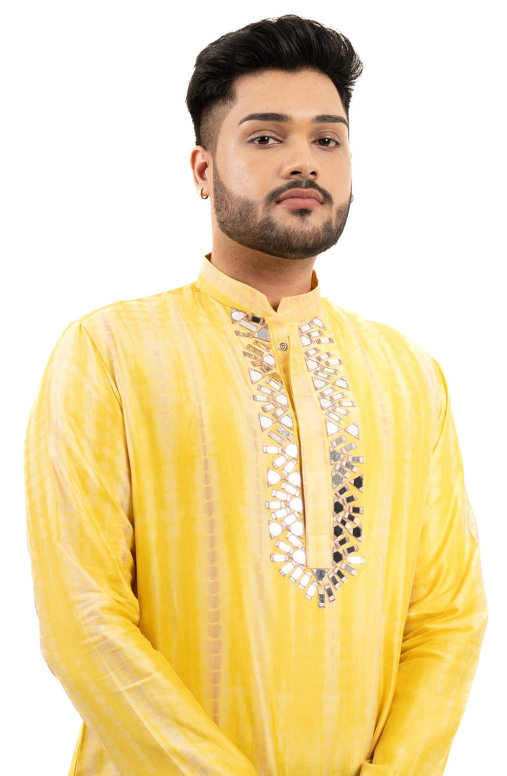 yellow tie dye mirror work kurta