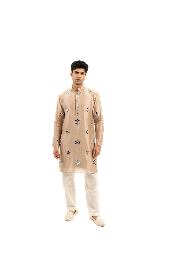 tan coloured mirror work kurta