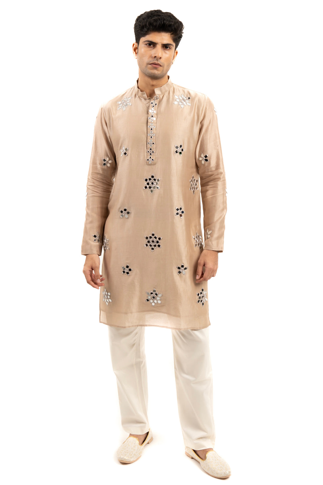 tan coloured mirror work kurta