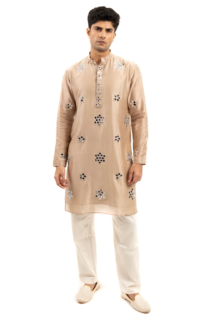 tan coloured mirror work kurta