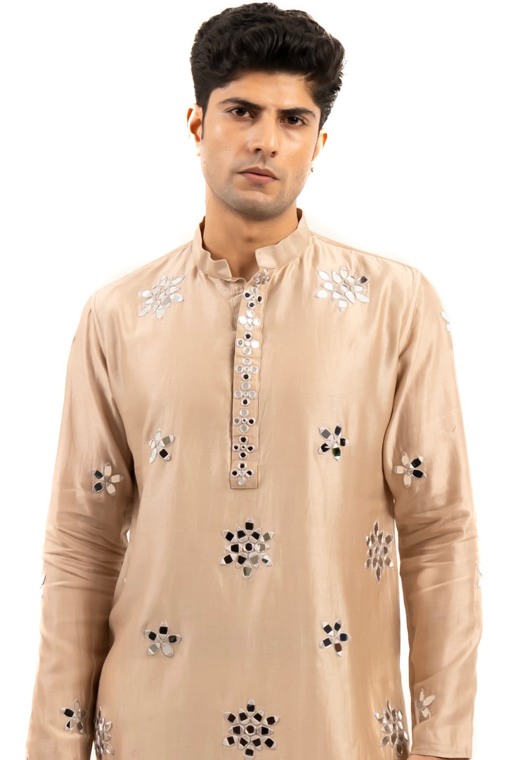 tan coloured mirror work kurta