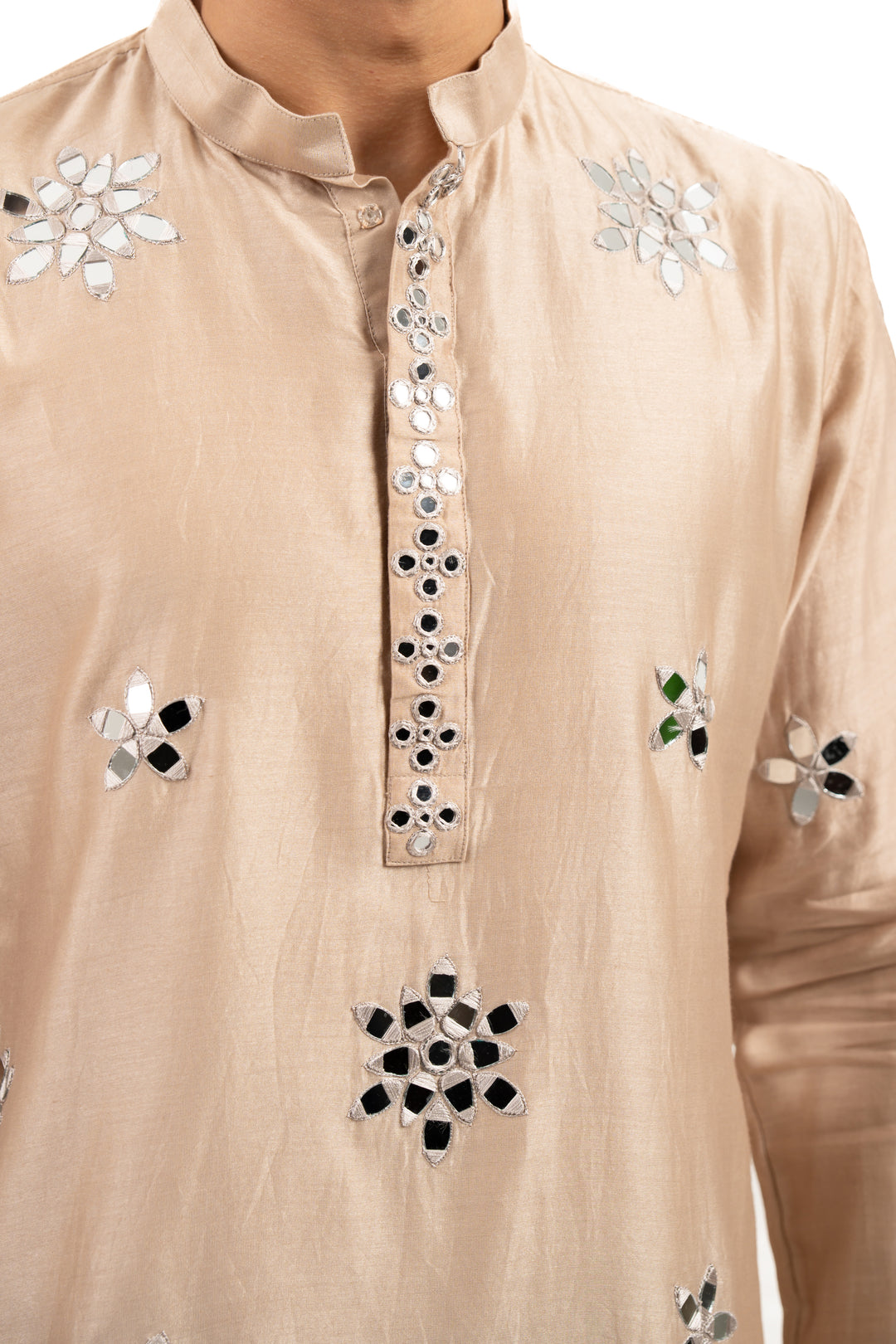 tan coloured mirror work kurta