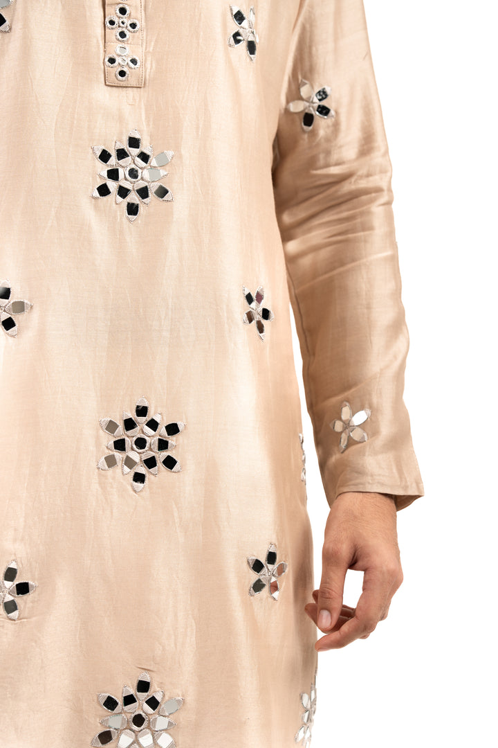 tan coloured mirror work kurta