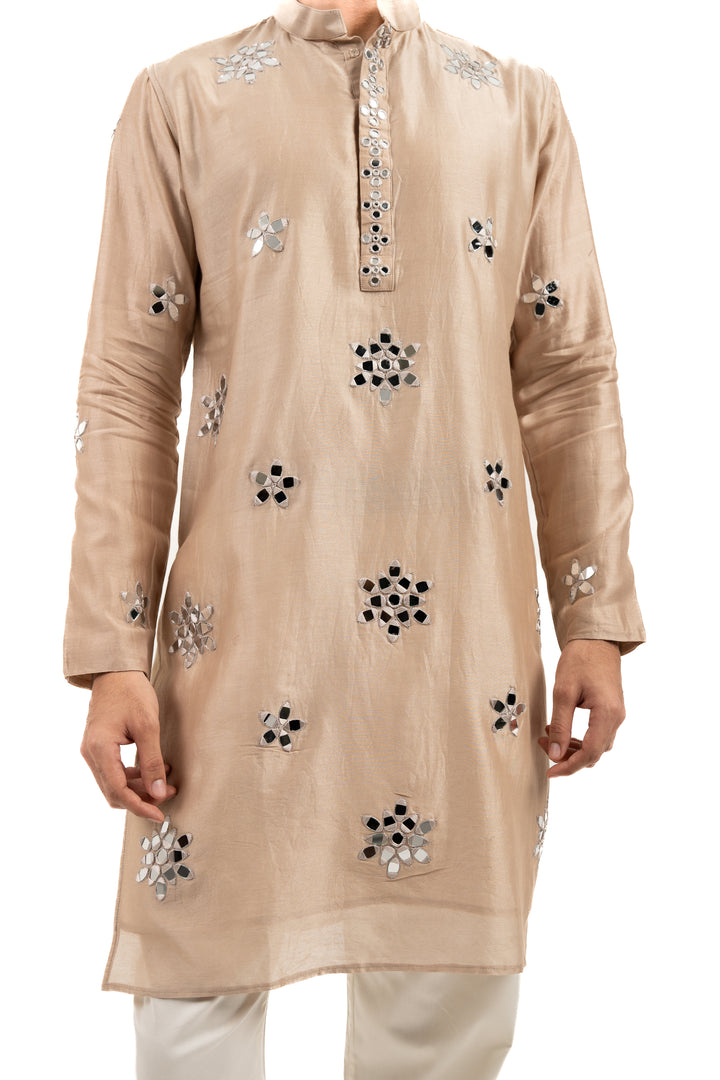 tan coloured mirror work kurta