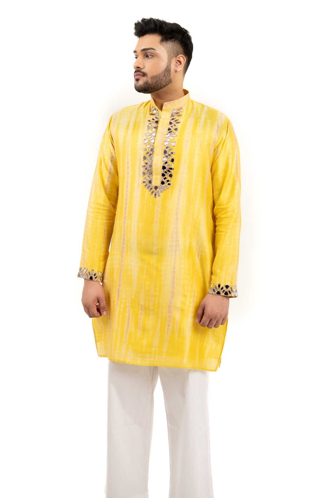 yellow tie dye mirror work kurta