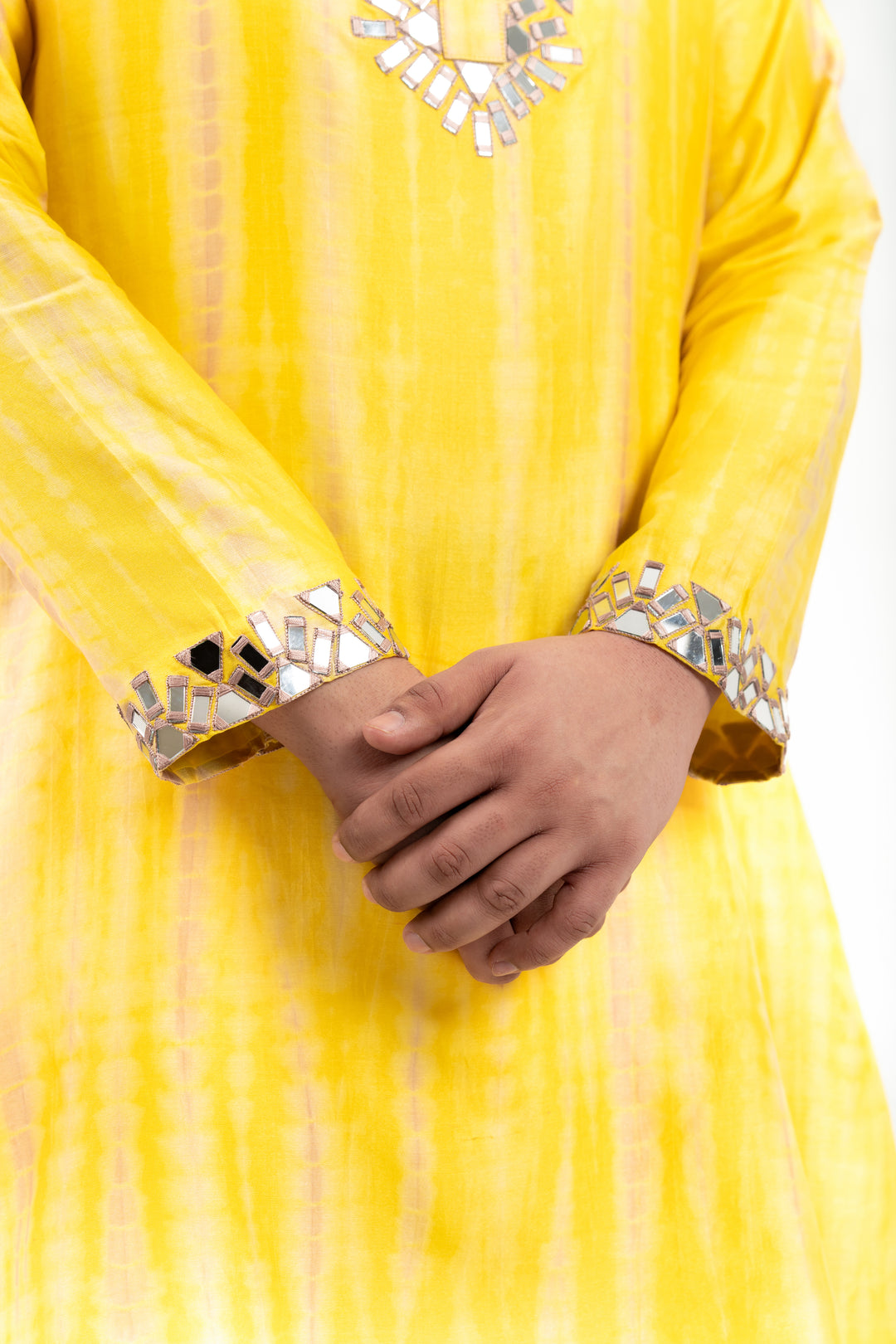 yellow tie dye mirror work kurta