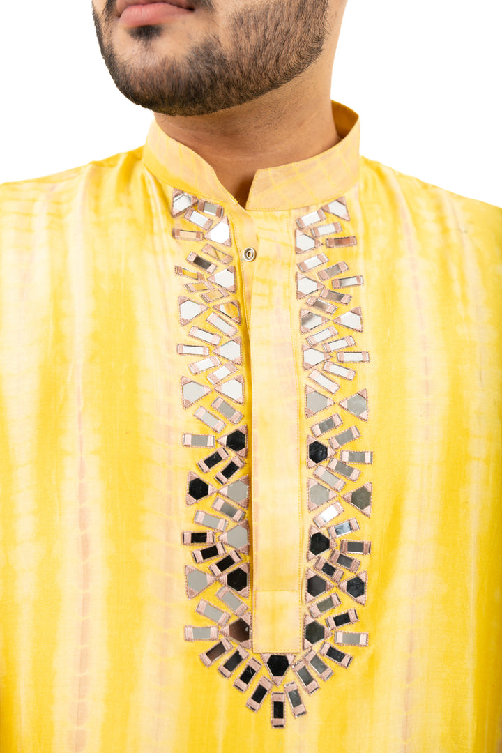 yellow tie dye mirror work kurta